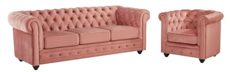 Vente-unique Chesterfield 3-Sitzer-Sofa und Sessel, Samt, Pastellrosa