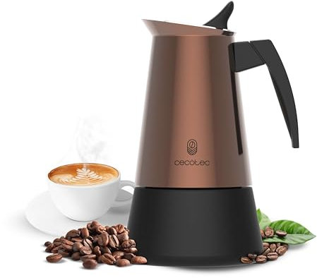 Cecotec Cafetera Italiana Piccolina 400 Bronze. Capacidad 200ml para 4 Tazas, Diseño Elegante en Acero, Filtro Acero Inoxidable, Apta para todas las superficies, Válvula de seguridad, Cierre Silicona