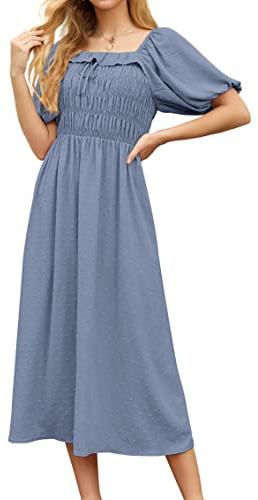 GRECERELLE Womens Summer Casual Midi Maxi Dress Square Neck Half Sleeve Ruffled Backless Smocked Elastic Waist Swiss Dot Cocktail Long Dresses for Ladies (Haze Blue, M)
