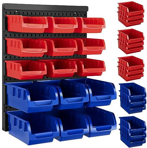 BAKAJI Pannello Da Parete 16 pz con Contenitori Portautensili da Officina, Porta Utensili Minuteria Da Garage, Montaggio a Muro, 9 Box Piccole e 6 Medie, Organizer Estraibili e Impilabili