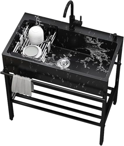 Fregadero de acero inoxidable negro, 80 cm, lavabo independiente, cuenco individual, estación de lavado de cocina comercial con grifo, para garaje, restaurante, lavandería, exterior