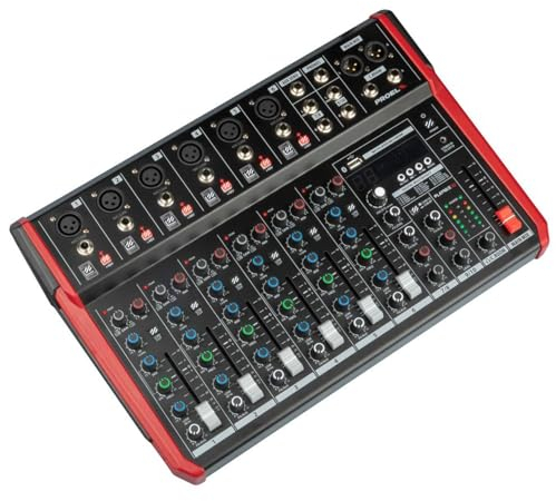 Proel PLAYMIX10 - Mixer audio a 10 ingressi con modulo bluetooth, lettore MP3 e Registrazione stereo su USB, Nero rifiniture in Rosso