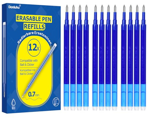 Donluhu 12x Radierbare Ersatzminen 0.7mm | 400m Schreiblänge Blau | Kompatibel mit Pilot FriXion Ball & Clicker & Eberhard Faber | Ersatzmine für Gelstift radierbar | Praktisch für Schule und Alltag