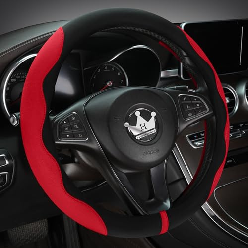 HighnessHwoo Luxuriöser Suede Auto Lenkradbezug, Komfort Lenkradabdeckung, weiches Leder, gepolsterte Räderabdeckung für F150, Jeep Van, dünne Auto Griff Abdeckungen, Universelle, 39-41cm, Rot