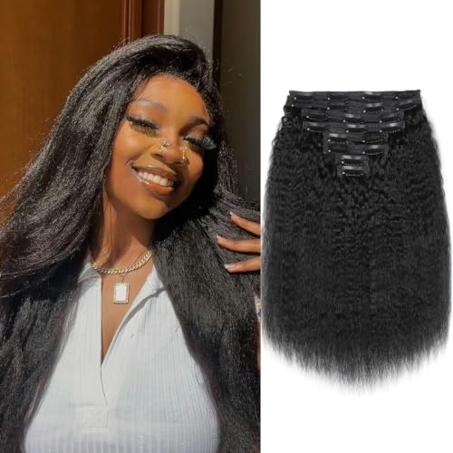YDDM Kinky Straight Clip-Ins: Echthaar Haarverlängerung für Schwarze Frauen - Brasilianisches Echthaar, Natürlich Schwarz, Doppelschuss, 18 Zoll, 120g, 8 Stk, 20 Clips