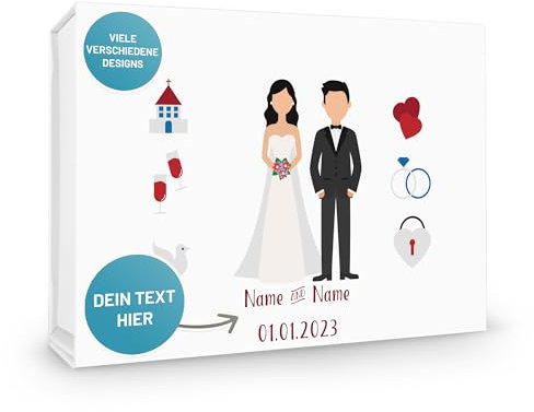Verpackungswelt Hochzeits-Box personalisiert | 31x22x10 cm | Magnetische Geschenk-Box mit Deckel | Personalisierte Geschenk-Verpackung für Hochzeitsgeschenk | Romantisches Brautpaar-Design in Weiß