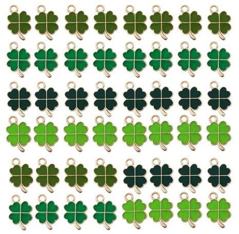 Qinsky Glücksbringer Vierblättriges Kleeblatt - 48 PCS Metall DIY Anhänger Grün für Halskette
