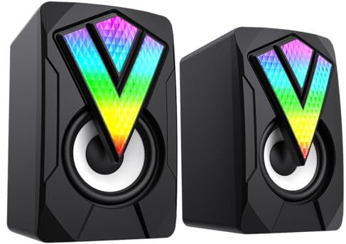 GameMax SR01 PC Speakers, Mini Desktop Speaker for PC with Colorful RGB LED Light, Stereo 2.0 USB Powered 3.5mm Aux Portable Gaming Multimedia Speaker for Computer Laptop Monitor | Black