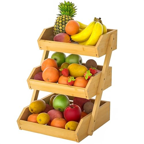 Fruteros de Cocina Cesta de bambú for frutas y verduras de 2/3 niveles con gancho tipo plátano for encimera de cocina, diseño de encimera perfecto for frutas, verduras, refrigerios y más Cesta de Frut