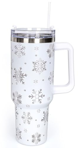Whaline Christmas Mug with Handle, Straw and Lid, Snowflake, Travel Coffee Mug for Christmas, Winter, Holiday, Birthday, Party, Gift