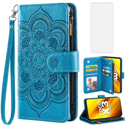 Asuwish Funda para Xiaomi Poco X3/X 3 Pro/PocoX3 NFC con Cristal Templado Protector Pantalla Vidrio Pelicula Protectora Libro Cuero Piel Tarjetero Soporte Mi 3X 5G Tapa Carcasa Móvil Capa Case Azul