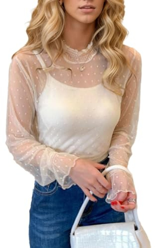 EMOTTOS Damen Spitze Crop Tops, Damen Y2K Polka Dot Sheer Mesh Oberteile Ruched Half-High Neckline, Stilvoll Ausgehender Club Party Sexy Durchsichtiges Oberteil, Weiß, M
