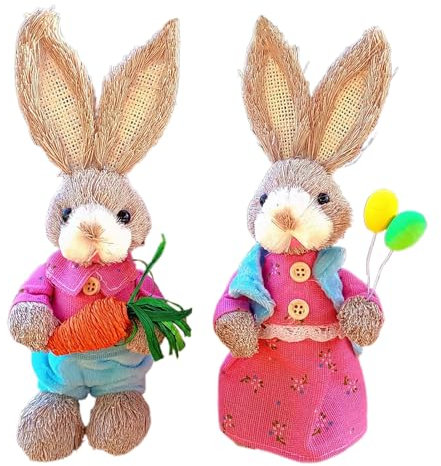 MOTUZP Juego de 2 Decoraciones de Pascua, Figura de Conejito de Paja de 9 Pulgadas, Estatua de Pareja de Conejitos con Huevos de Zanahoria, Figura de Conejito de Paja de Pascua de (A)
