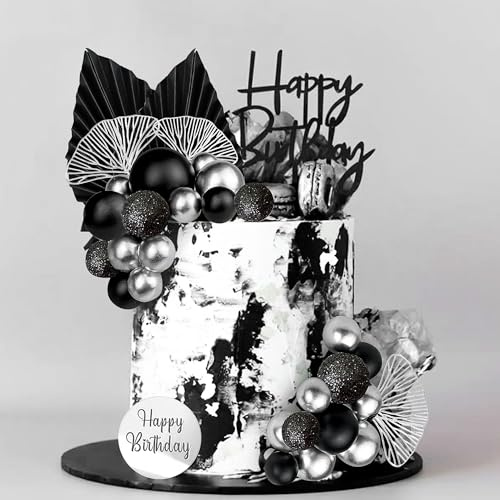 Roaring Good Time Champagne Cake Decoration Black Balls Cake Decoration Silver Palm Leaves Cake Topper Bohemian Black Silver Ball for Wedding Birthday Anniversary