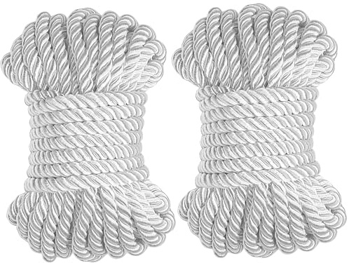 2pcs Silk Rope, Soft Strong Braided Twisted Japanese Cord Kit, 32.8 Feet (10m) L, 0.24 Inch (6mm) Dia, Thread Shiny Solid Twine String for Bandage Play Knot Tying Practice Adults All Purpose (White)