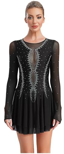 Miutii Eiskunstlauf Kleid Damen Glitzer Ballettkleid Langarm Rollschuhkleid Eislaufkleid Strass Patchwork Tanzanzug Wettbewerb Tanzkostüm Schwarz XL