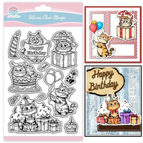 GLOBLELAND Klare Stampl Geburtstagskatze Transparente Stempel Geburtstagstorte Silikonstempel Lustige Tier Clear Stamps für für DIY Journal Scrapbooking Fotoalbum Kartenherstellung