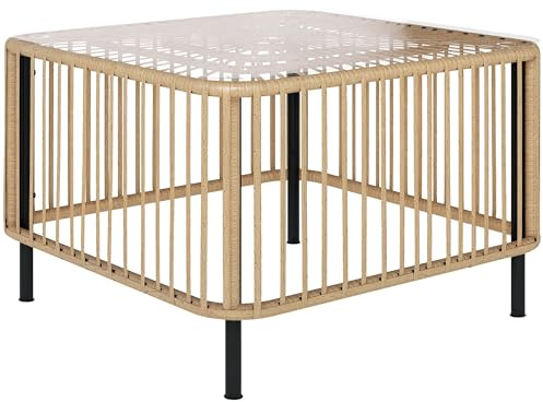 Outsunny Polyrattan Gartentisch Wetterfest 65 x 65 x 43 cm Naturholz | Beistelltisch, Quadrarischer Terrassentisch mit Glasplatte, Couchtisch, Balkontisch, Gartenmöbel für Garten Terrasse Balkon