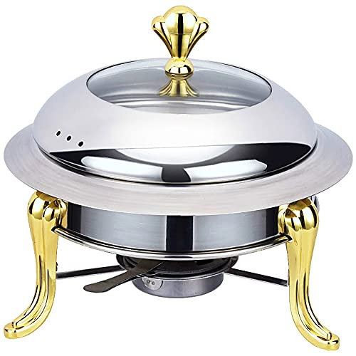 Generico Chafing Dish in Acciaio Inox, Set scaldavivande Rotondo con Coperchio e Porta-combustibile per Catering, Vassoio scaldavivande, Cucina, Feste, Sala da Pranzo (Oro, 24 cm)