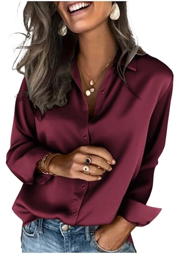 Zeagoo Women Satin Blouse Long Sleeve Button Down Shirt Soft Elegant V Neck Blouses Casual Office Work Tops Classic Comfortable Wine Red XXL
