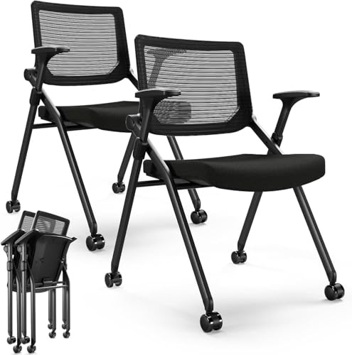 FYLICA Lot de 2 chaises de bureau pliantes avec roulettes en polyuréthane, dossier ergonomique en maille avec suspension, empilables pour salles de conférence, zones visiteurs et réception, noires