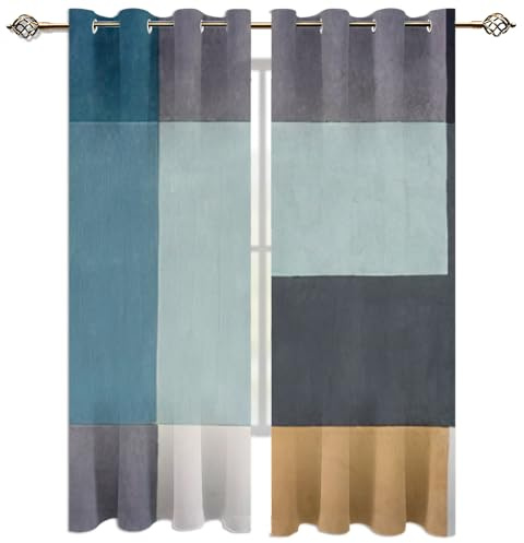 Vorhang Blickdicht 3D Blaues, Graues Und Gelbes Quadratisches Farbblockdiagramm Muster Ösenschal 2Er Set 234X230Cm Fenster Gardinen Mit Ösen Verdunkelungsvorhang Wohnzimmer Kinderzimmer Thermovorha