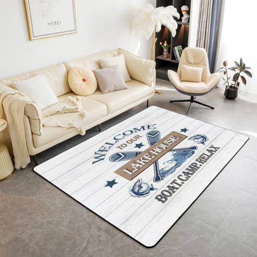 Loussiesd Alfombra de salón para dormitorio, 150 x 200 cm, diseño de peces grandes, para niños, adolescentes, verano, vintage, rústico, de madera, granja, pesca y caza, decoración de habitación