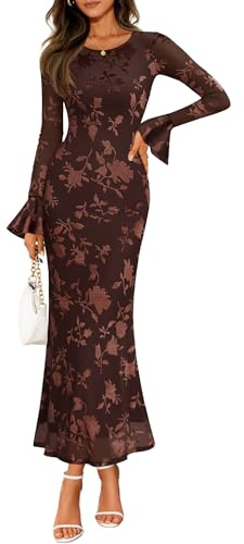 ZESICA Women's 2026 Bell Long Sleeve Floral Maxi Dress Spring Fashion Bodycon Mesh Wedding Guest Cocktail Party Dresses Coffee Large