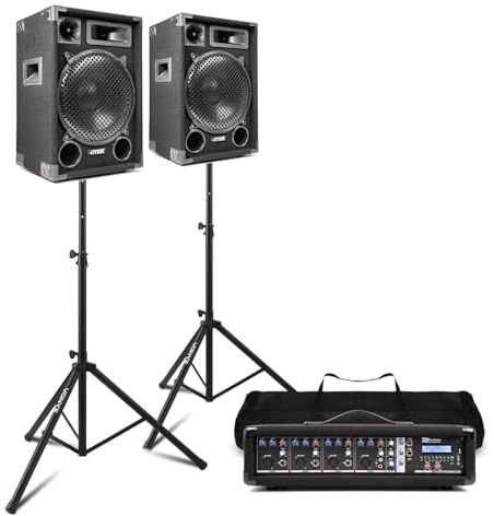 MAX12 12 PA System for Bands, Vocalists & Churches – Pair of 700W Passive Speakers, 4-Channel Mixer Amplifier with Bluetooth, Stands & 6m Speaker Cables, Complete PA Bundle