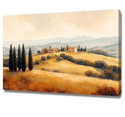 AIHNBF Tuscan Landscape Canvas Wall Art - Italian Countryside Farmhouse Decor with Cypress Trees - Serene Golden Fields Art Print for Living Room Bedroom, Poster 40 x 60 cm
