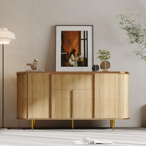 PREMTURE Sideboard Kommode Holzoptik mit Marmorplatte, Anrichte mit Schublade & 4 Türen, Stauraumschrank mit Goldgriffen & Metallfüßen, Flurschrank Wohnzimmer Esszimmer, 160x40x82 cm