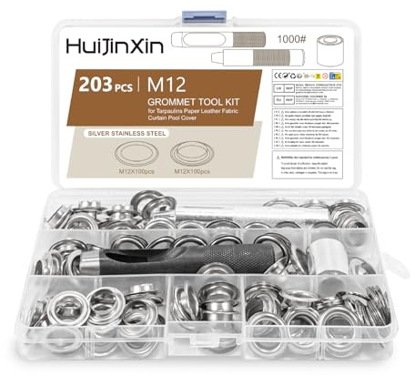 Grommet Lot de 203 œillets de 12 mm pour bâches, œillets, rondelles et pinces à œillets, œillets en métal pour tissu, pince à œillets pour bâches en cuir, bâche de piscine, auvents (avec 3 outils)