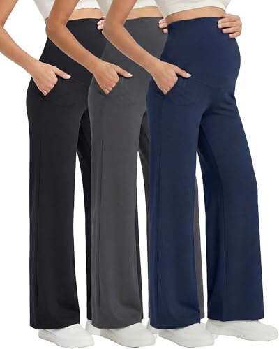 Coume 3 Pack Women's Maternity Pants Over The Belly Pregnancy Yoga Pants Stretchy Loose Wide Leg Trousers with Pockets(Black/Navy Blue/Dark Gray,Large)