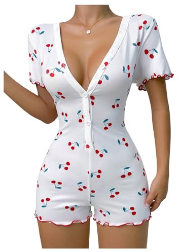 OYOANGLE Women's Cherry Print Button Up Sleepwear Deep V Neck Short Sleeve Overall Cute Pajama Romper White Medium