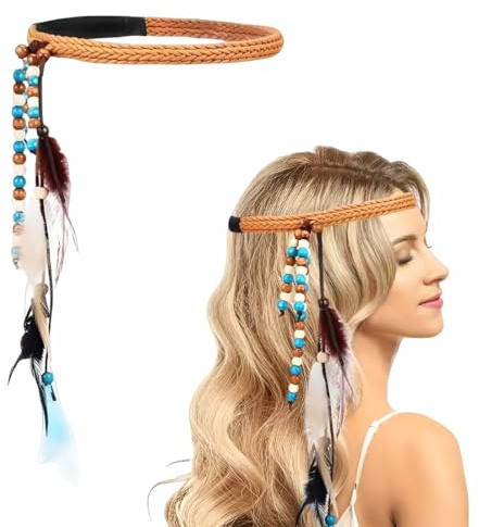 Reccisokz 1 Stück Indianer kopfschmuck, Haarband mit Pfauenfedern, Boho-Kopfschmuck, Hippie, Indianerin, Karneval, Fasching