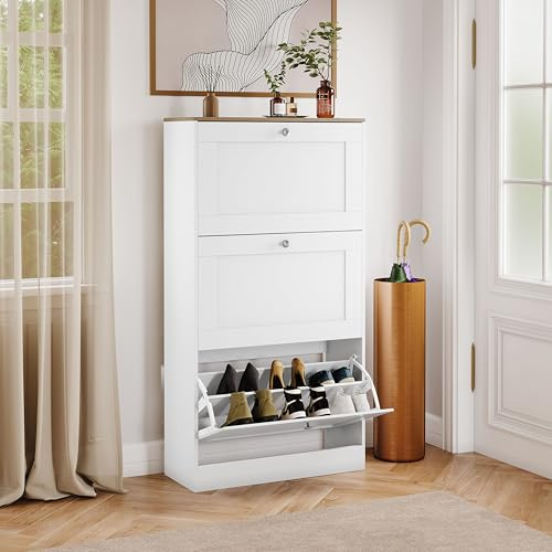 Vida Designs 3 Drawer Shoe Cabinet | White & Oak | Space-Saving Storage for 15+ Pairs | 117H x 58W x 23.5D cm | Anti-Tip | Modern Hallway Unit