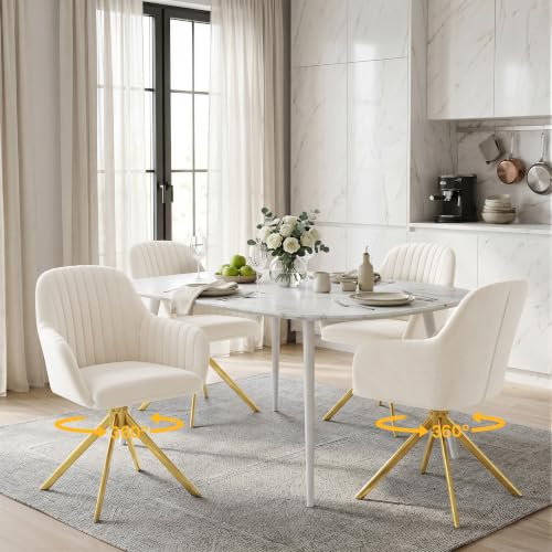 Fijinhom 360° Esszimmerstühle Drehbar 4er Set Armlehne Creme/Gold | Polsterstuhl Esszimmerstuhl aus Kordsamt,Küchenstuhl mit Metallgestell für Esszimmer,Wohnzimmer,Büro