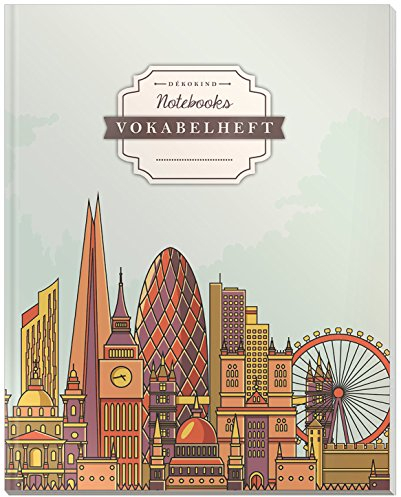 DÉKOKIND Vokabelheft | DIN A4, 84 Seiten, 2 Spalten, Register, Vintage Softcover | Dickes Vokabelbuch | Motiv: London Skyline