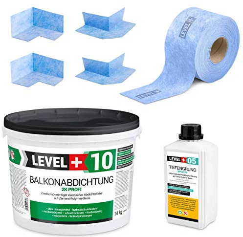 Dicht-Set 14Kg Balkonabdichtung 4m², 2 Innenecken, 2 Außenecke | 10M Dichtband, 1L Tiefengrund mit Wasserglas SET31