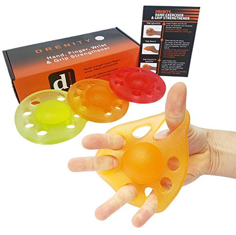 Drenity Grip, Finger, Forearm and Wrist Strengtheners/Trainers - Therapy Squeeze/Extend Exercise Training - Rock Climbing, Guitar, Rehabilitation, Stress Relief and More. (Light, Medium and Strong)