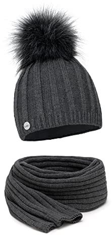 ELIMELI® Kaschmir Mütze Damen Winter warme Strickmütze Wollmütze mit Kaschmir Wintermütze mit Kunstfell Bommel Slouch Strick Beanie Damen für Winter Bommelmütze Hergestellt in EU