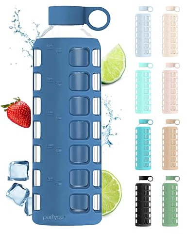 purifyou Premium Glass Water Bottles with Volume and Drinking Time, Silicone Sleeve and Stainless Steel Lid, Reusable Fridge Water Juice Bottle