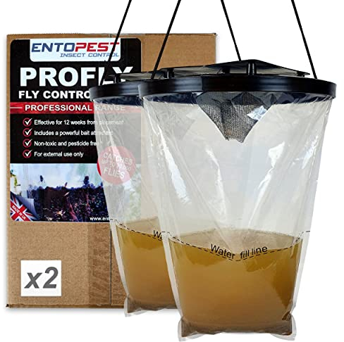 Entopest ProFly Hanging Fly Killer Bag - Professional Quality High Strength Trap Catches 20,000 Flies - Non-Toxic Control Gardens, Farms & Paddocks (Pack of 2)