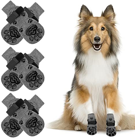 NeuWee Indoor Anti-Rutsch Socken für Hunde, 3 Paar Hundesocken mit verstellbaren Trägern, Weiche Haustierpfotenschutz für eine Starke Traktionskontrolle auf Hartholzböden in Innenräumen (M)