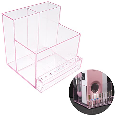 FERCAISH Acrylic Nail Tool Storage Rack, Nail Drill Grinding Bit Holder Box Stand Displayer for Nail Drill Manicure Tools (Pink)