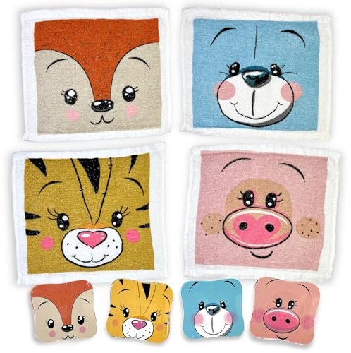 MIK funshopping Lot de Lingettes Magiques, Chiffon Magique, Serviette Magique, Sac de Fête, Cadeau pour Tombola Enfants (Lot de 4 Visages d'Animaux)