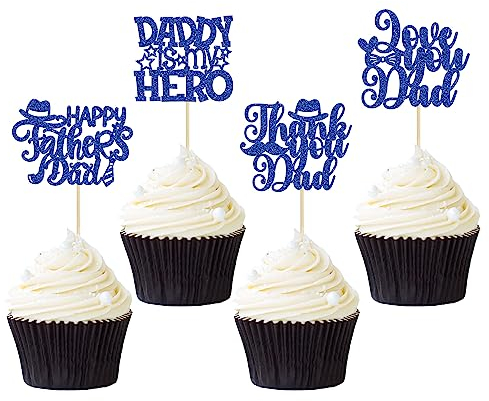 Gyufise 24Pcs Happy Father's Day Cupcake Toppers Blue Glitter Tie Hat Heart Beard Signs Fathers Day Cupcake Picks for Dads Day Party Supplies Cupcake Decorations Supplies