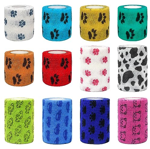 12 Rollen Selbsthaftende Bandage Tierverband Selbstklebend Hund Vet Wrap Pet Selbstklebender Verband für Finger Handgelenk,Knie,Knöchelverstauchungen und Schwellungen 5cm x4,5 m||7.5cm x4,5 m