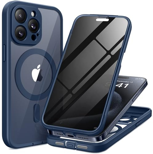 TIESZEN for iPhone 15 Pro Max Case, Compatible with MagSafe, Built-in Privacy Screen Protector and Camera Protection, Anti Spy Full Body Dustproof Shockproof Hard Phone Case 6.7, Dark Blue