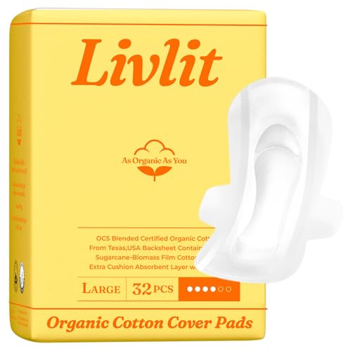 Livlit stor storlek ultratunna sanitära dynor, 100 % ekologisk bomull från Texas, kraftfullt läckageskydd, doftfri, klorfri och absorptionsförmåga av feminina perioder, dynor för kvinnor (32 stycken)